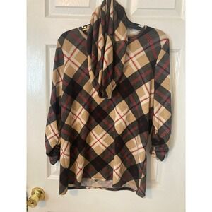 Robert Louis Plaid Top with Scarf Tan Black Red Ruched 3/4 Sleeve Large